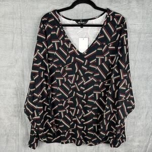 Ulla Popken Top Women 36/38 Black Geo V Neck 3/4 Length Sleeve Tunic Stretch NEW